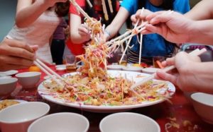 People eat a traditional meal